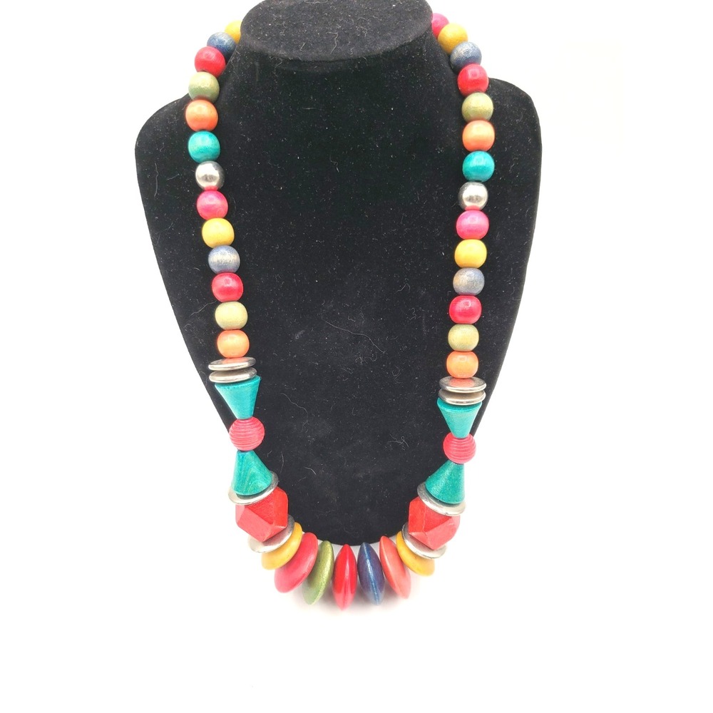 Vintage Chunky Multi Color Wood Bead 20" Necklace‎